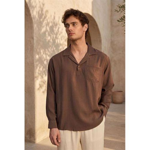 Sartre Apaş Yaka Tek Cepli İnce Modal Kumaş Oversize Uzun Kollu Yazlık Gömlek - Kahve