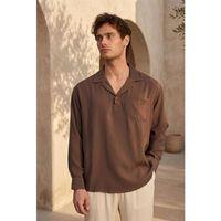 Sartre Apaş Yaka Tek Cepli İnce Modal Kumaş Oversize Uzun Kollu Yazlık Gömlek - Kahve
