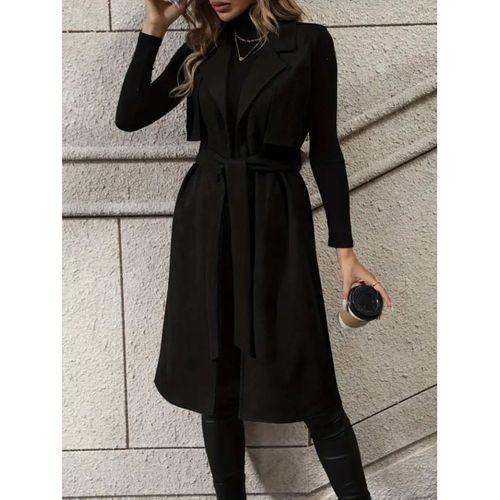 Kadın Kolsuz Yakalı önü Açık Belden Kuşaklı Süet Midi Yelek