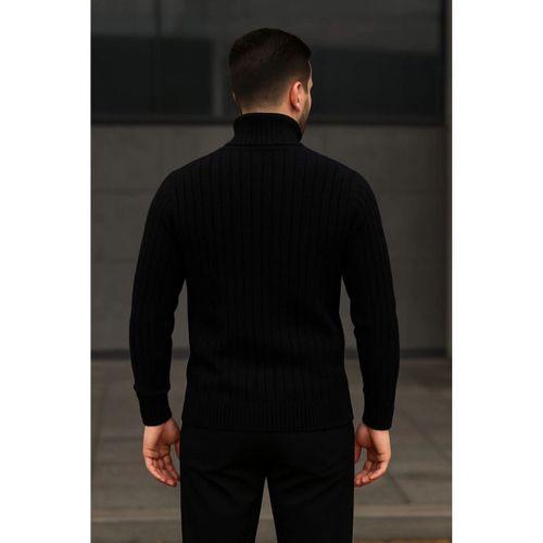 Erkek Balıkcı Yaka Bağazlı Triko Kazak Pamuklu Kalın Fitilli Dokuma, Regular Fit Uzun Kollu Kışlık Model - Siyah