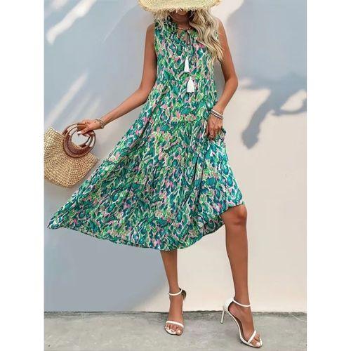 Kadın Askılı Yakası Fırfırlı Bağcıklı Desenli Uzun Süprem Elbise