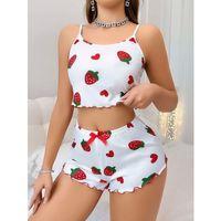 Kadın Beyaz Çilek Desenli Şortlu Pijama Takımı 5053