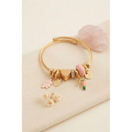Kuş Figürlü Pembe Charmlı Gold Renk Bileklik
