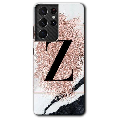 MRCİLETİSİM Samsung Galaxy S21 Ultra Kılıf HD Desen Baskılı Arka Kapak + Temperli Cam - Pembe Mermer Desenli Z Harfi