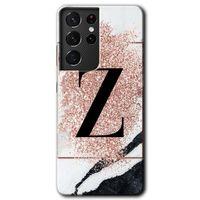 MRCİLETİSİM Samsung Galaxy S21 Ultra Kılıf HD Desen Baskılı Arka Kapak + Temperli Cam - Pembe Mermer Desenli Z Harfi