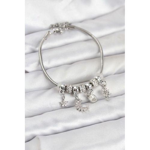 Pirinç Gümüş Renk Ay Charm Model Charmlı Kadın Bileklik