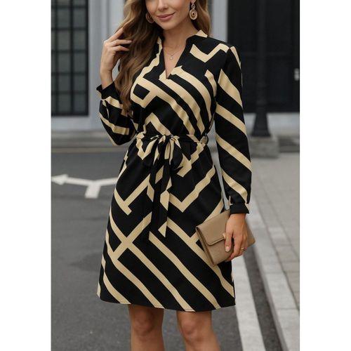 Kadın Uzun Kollu V Yakalı Desenli Belinde Kuşaklı Dalgıç Elbise