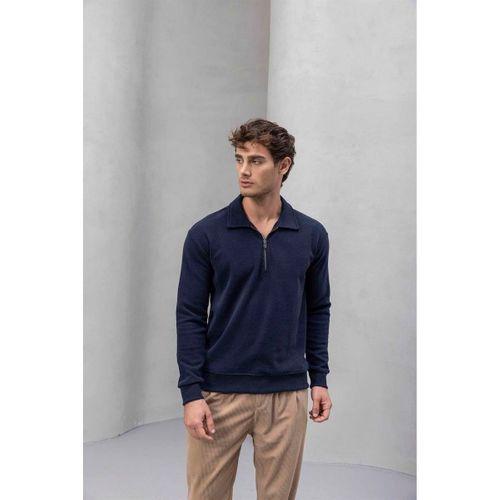 Eric Relax Fit Yarım Fermuarlı Polo Yaka Selanik Kumaş Erkek Sweatshirt - Lacivert