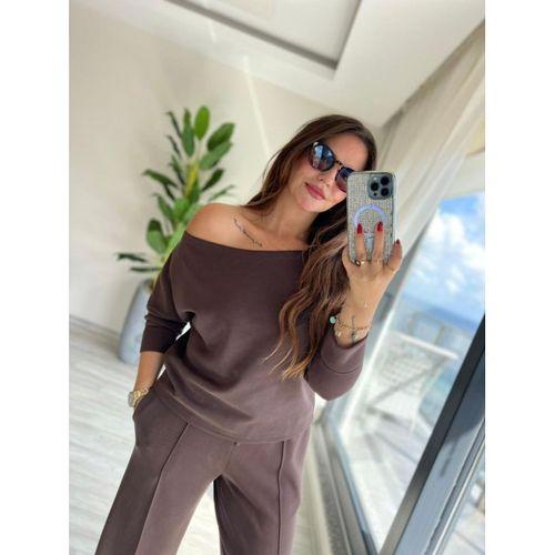 Kadın Uzun Kollu Tek Omuzdan Açık Modal Bluz Ve Pantolon Ikili Takım