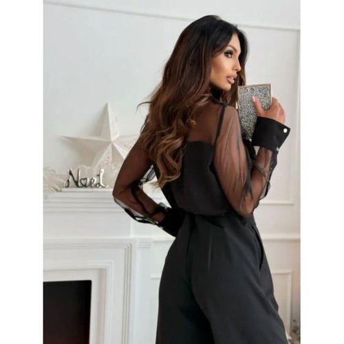 Kadın Uzun Kollu Yakalı önden Düğmeli Tül Detaylı Dokuma Viskon Bluz