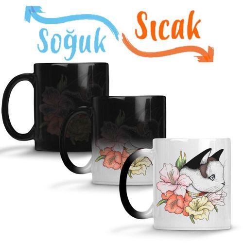 Cat Portrait in Gladiolus Flowers Pink Edition Kedi Sihirli Kupa Bardak Porselen