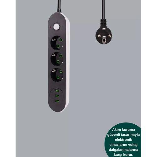 Usb Yuvalı Anahtarlı Üçlü Priz 2 Metre Kablolu