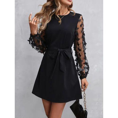 Kadın Uzun Kollu Bisiklet Yaka Kollar Tül Kelebek Detaylı Ithal Krep Elbise