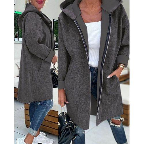 Kadın Uzun Kollu Kapşonlu Fermuar Detaylı Cepli Uzun üç Iplik Ceket