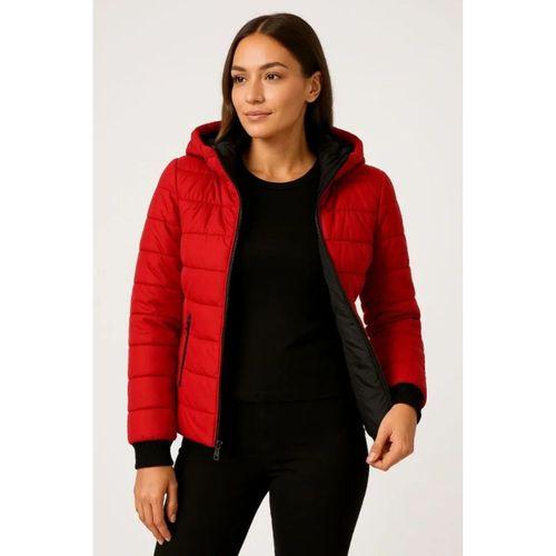 Şişme Kapüşonlu Fermuarlı Mont Su Itici Kapitone Astarlı Kumaş Cepli Kışlık Rahat Kalıp - Kırmızı