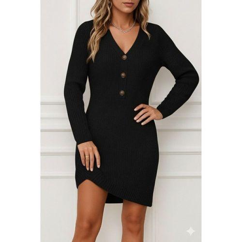 Kadın Uzun Kollu V Yakalı önden Düğmeli Kısa Triko Elbise