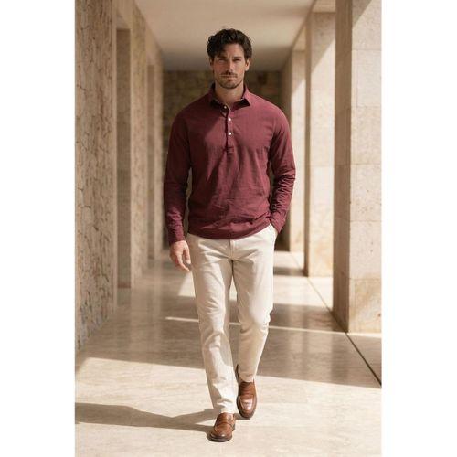 Yarım Pat Yakalı York Pamuk Kumaşlı Uzun Kollu Erkek Gömlek - Bordo