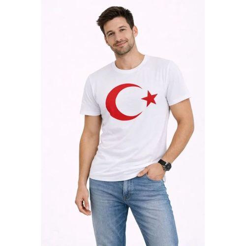 Erkek T-Shirt Kısa Kol Bisiklet Yaka Ay Yıldız Bayrak Baskılı Tişört - Beyaz
