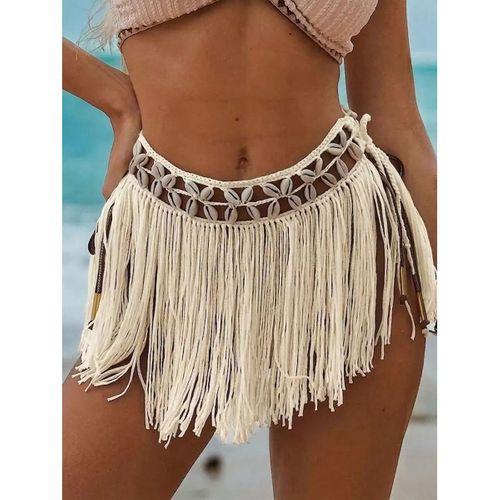 Ekru Bikini Üstü Deniz Kabuklu Püsküllü Pareo,beachwear,bikini Üstü El Emeği Plaj Eteği,bohem Etek