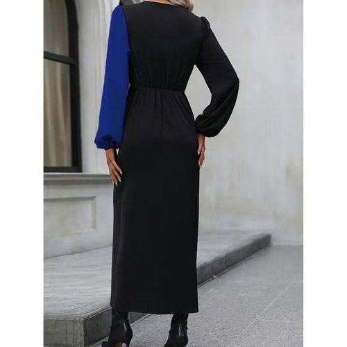 Kadın Uzun Kollu Kruvaze Yakalı Belden çapraz Detaylı çift Renkli Midi Ithal Krep Elbise