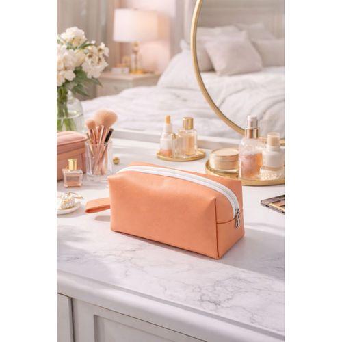 Deri Makyaj Kozmetik Çantası Seyahat Tipi Çanta Organizer Şeftali