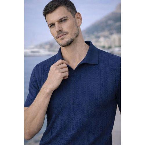 Nestor Saç Örgü Desenli Polo Yaka Regular Fit Örme İnce Triko Erkek T-Shirt - Lacivert