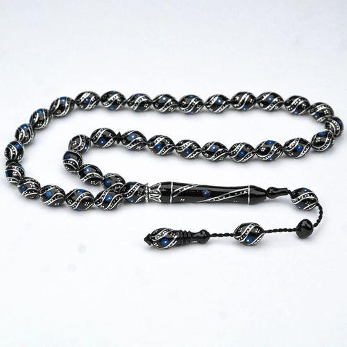 Oltu Taşı Çift Çeşm-i Bülbül Mavi İşlemeli Tespih