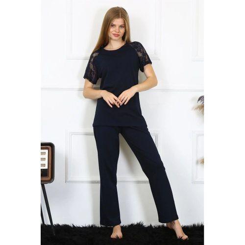 Kadın Kolu Dantelli Penye Pijama Takım Lacivert