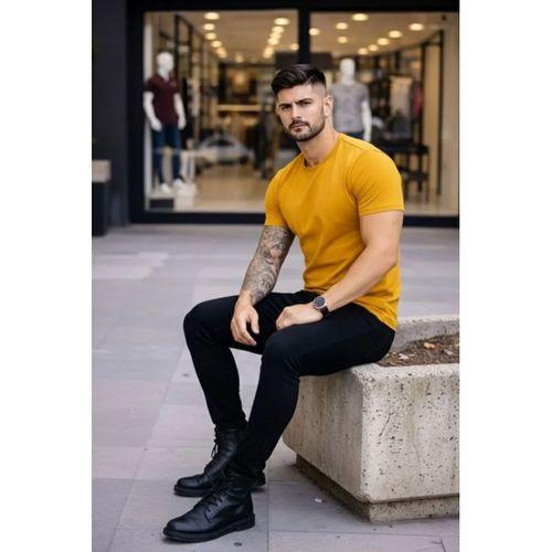 Erkek T-Shirt Bisiklet Yaka Slim Fit Dar Kesim Likralı Tişört Günlük Basic Body - Limon