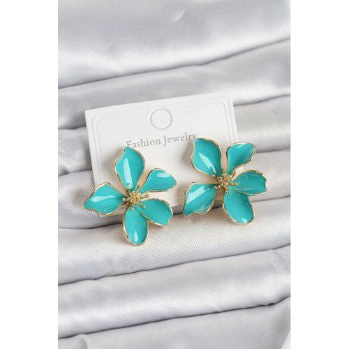 Turkuaz Mineli Çiçek Model Pirinç Kadın Küpe