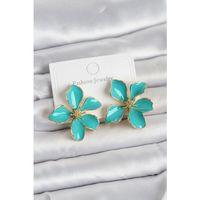 Turkuaz Mineli Çiçek Model Pirinç Kadın Küpe