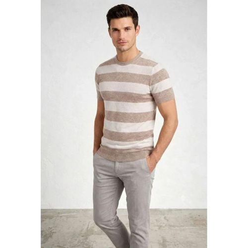 Erkek T-shirt Çizgili Triko Dokuma Bisiklet Yaka Tişört - Bej