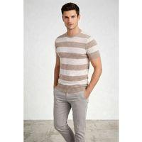 Erkek T-shirt Çizgili Triko Dokuma Bisiklet Yaka Tişört - Bej