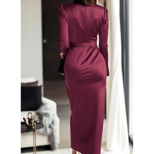 Kadın Uzun Kollu Kruvaze Yakalı Beli Kuşaklı Uzun Saten Elbise