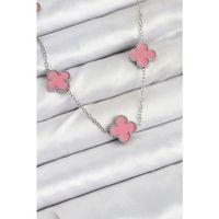 316L Çelik Zincir Gümüş Pembe Renk Yonca Kadın Kolye