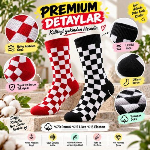 Unisex Çorap Dama Desenli Renkli 7'li Set Kareli Alev Desen Uzun Soket Günlük Spor Çorabı