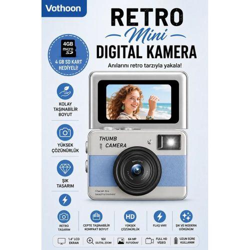Retro Mini Dijital Kamera 1080p 1 47 İnç Flip Ekranlı Flaşlı Selfie Vlog Kamerası 4gb Sd Hediyeli Mavi