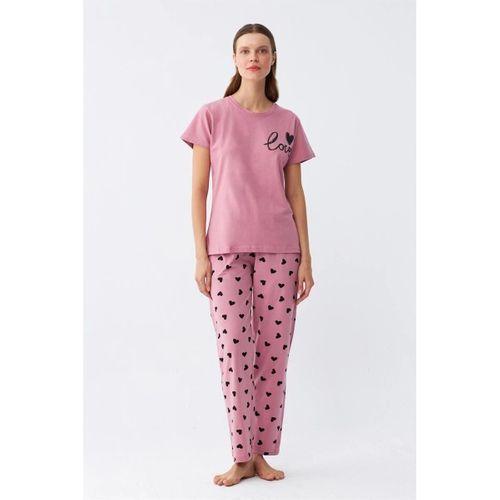 Kadın Somon Kalp Desenli Kısa Kollu Penye Pijama Takımı