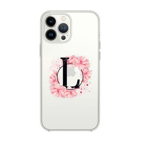 iPhone 13 Pro Pembe Çiçek Desen L Harfli Premium Şeffaf Silikon Kılıf
