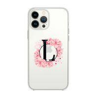 iPhone 13 Pro Pembe Çiçek Desen L Harfli Premium Şeffaf Silikon Kılıf