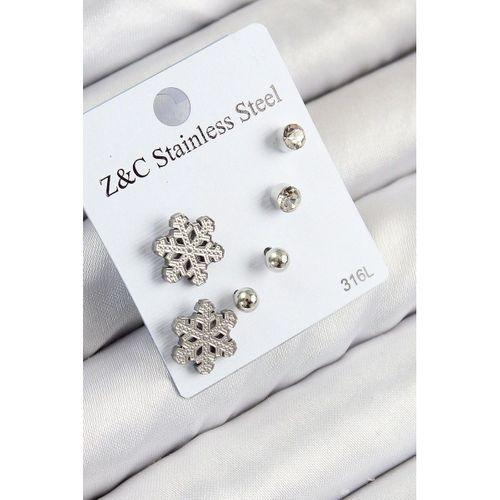 316L Çelik Zirkon Taşlı Kar Tanesi Model Gümüş Renk Kadın Set Küpe
