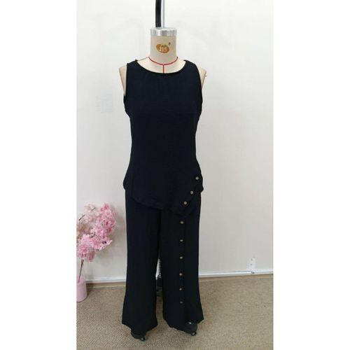 Kadın Askılı Yuvarlak Yakalı önü Asimetrik Detaylı Düğmeli Aerobin Bluz Ve Pantolon Ikili Takım