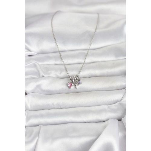 316L Çelik Gümüş Pembe Zirkon Taşlı Charmlı Kadın Kolye