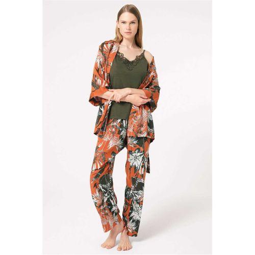 İp Askılı V Yaka Viskon Çiçek Desenli Kışlık Örme Normal Bel Nakış Detaylı Pijama Takımı Sabahlık