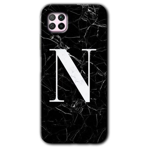 Huawei P40 Lite Kılıf Baskılı Kapak - Siyah Mermer Desenli N Harfi + 5D Tam Kaplayan Cam