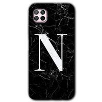 Huawei P40 Lite Kılıf Baskılı Kapak - Siyah Mermer Desenli N Harfi + 5D Tam Kaplayan Cam