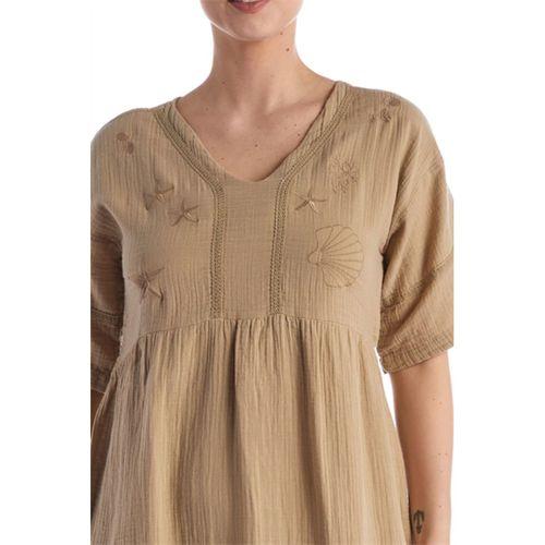 Kısa Kol Vizon V Yaka Nakışlı Midi Boy Müslin Yazlık Elbise