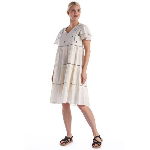 Kısa Kol Pullu Krem V Yaka Şile Bezi Yazlık Midi Boy Elbise