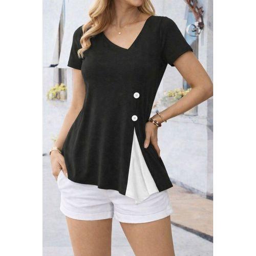 Kadın Kısa Kollu Asimetrik V Yakalı Düğme Detaylı Viskon Bluz