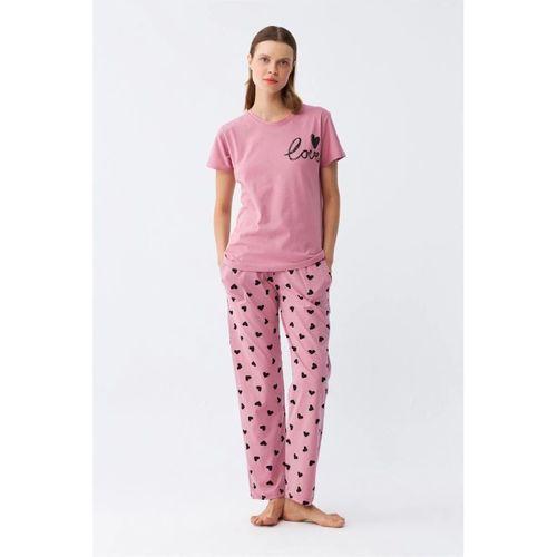 Kadın Somon Kalp Desenli Kısa Kollu Penye Pijama Takımı